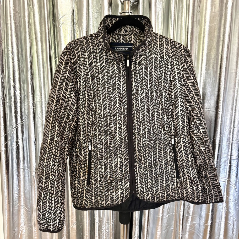 Lands' End Black & White Herringbone Print Quilted Jacket